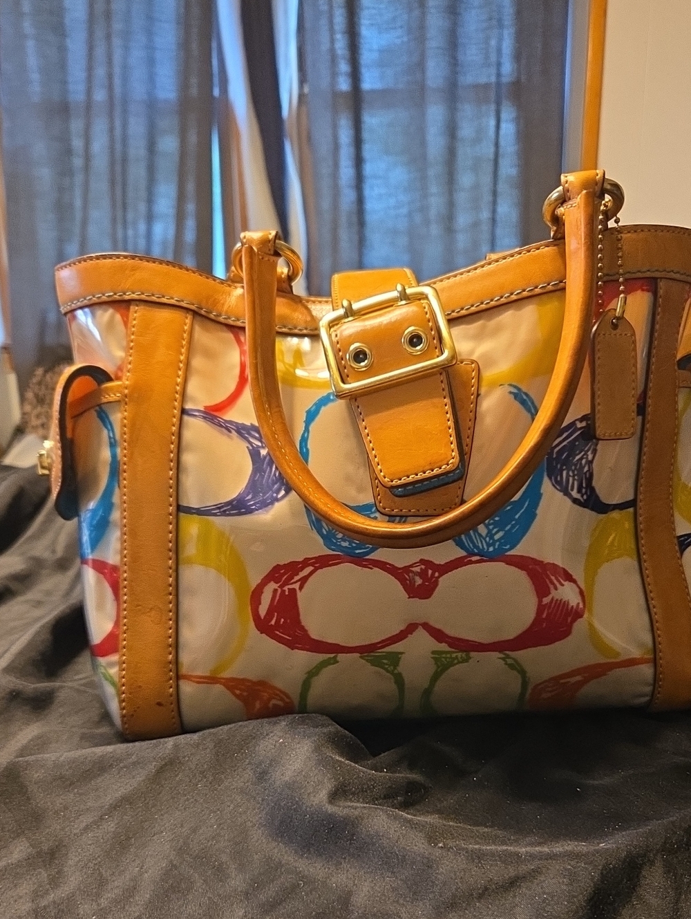 Coach Multicolor Signature Circle Tote with Tan Leather Trim